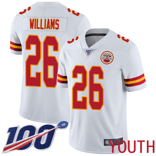 Youth Kansas City Chiefs 26 Williams Damien White Vapor Untouchable Limited Player 100th Season Football Nike NFL Jersey